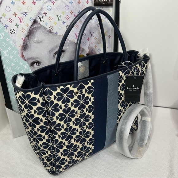 Kate Spade Flower Jacquard Stripe Everything Medium Tote blue and navy - Picture 12 of 15